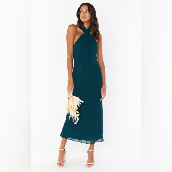SHOW ME YOUR MUMU Jasmine Halter Midi Dress In Emerald Chiffon -  coffeafoods.com